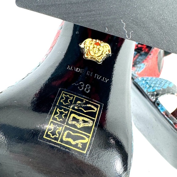 VERSACE Medusa Red Blue Embossed Snakeskin Leather Heel Sandals Wedge 38 8US - Picture 13 of 13